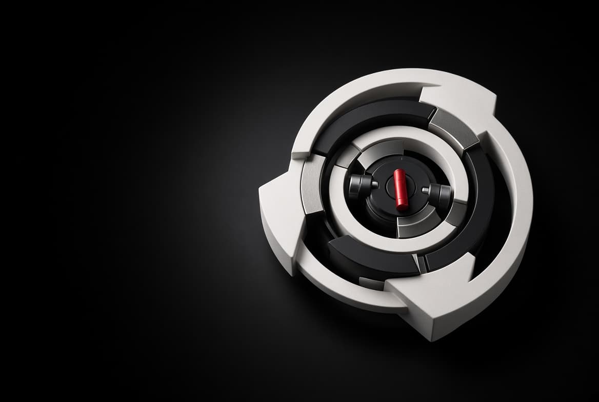 Concentric white and black dial rings arranged as a cycle around a red central pin